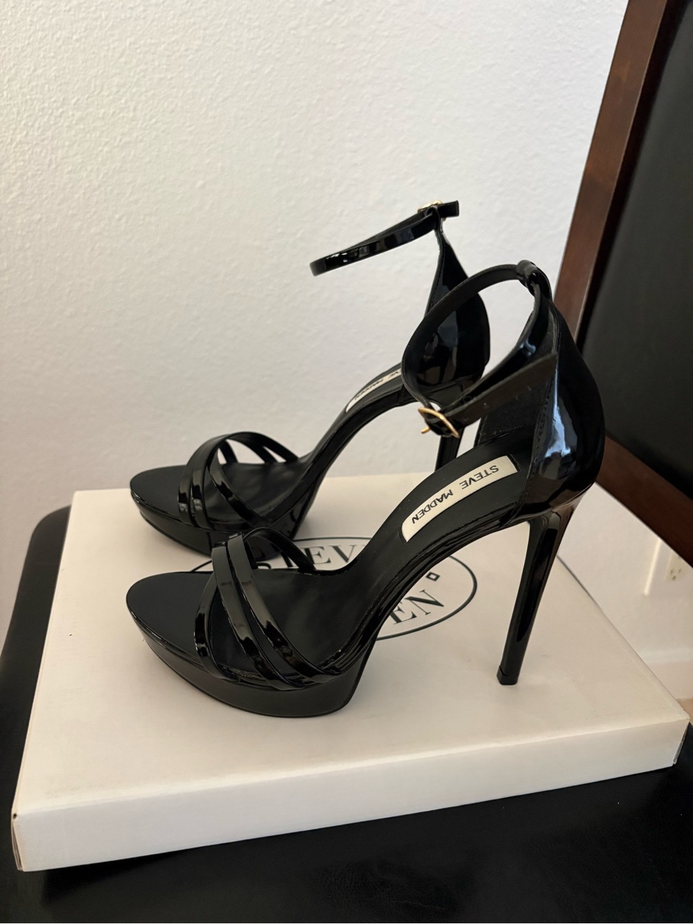 Steve Madden Cassandra Black Patent Platform Ankle-Strap Heels